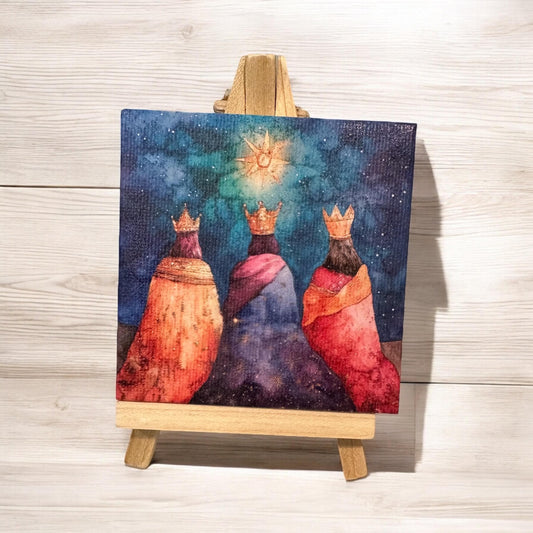 Three Kings Watercolor Canvas Art: Tiny Christmas Desk Decor