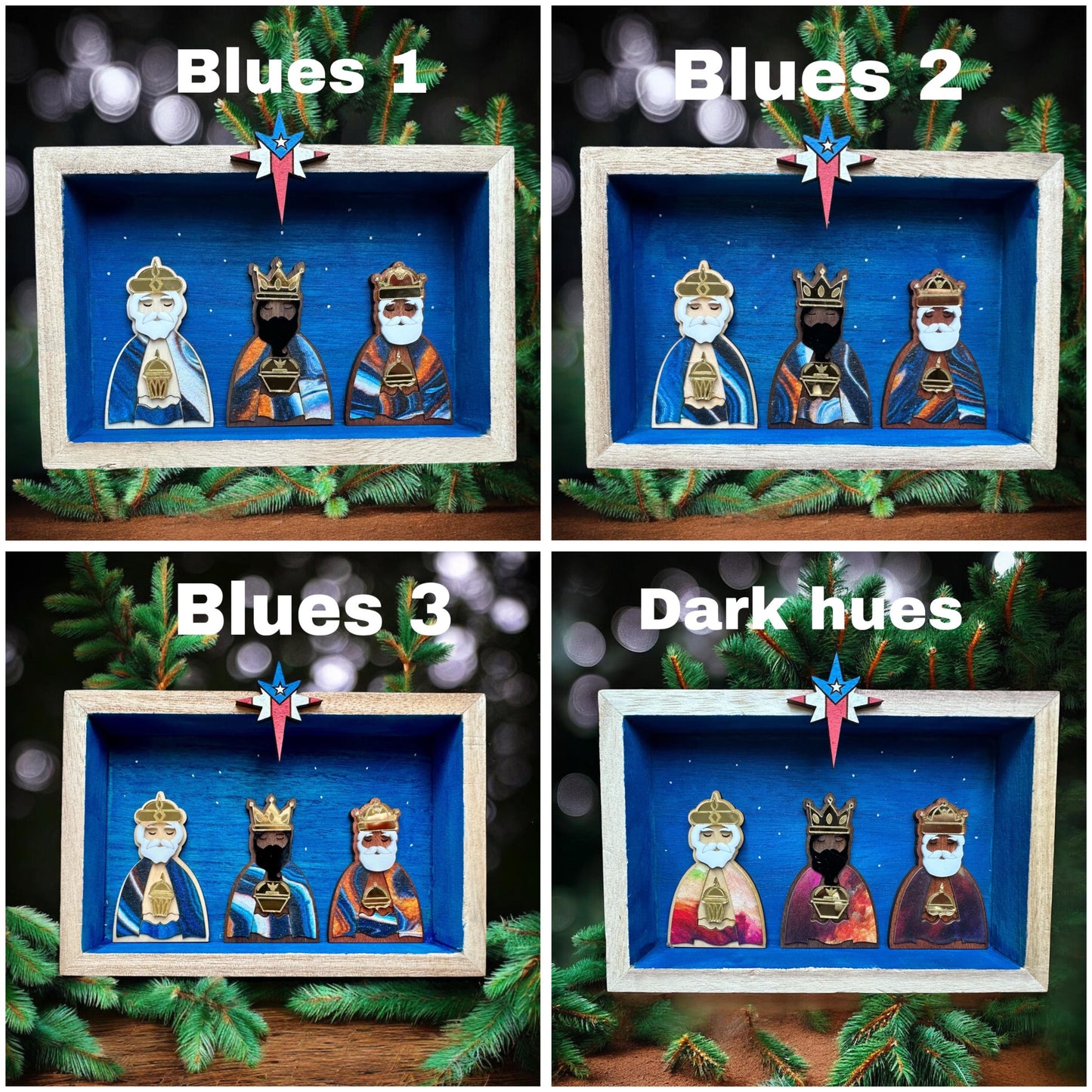Three Kings Miniature: Puerto Rican Flag Star, Wood Veneer Nativity