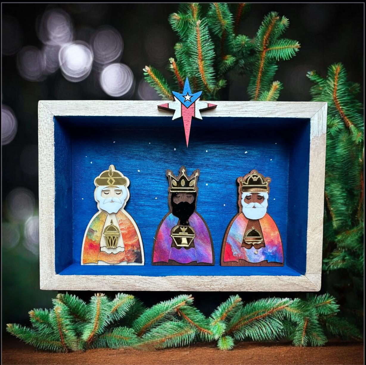 Three Kings Miniature: Puerto Rican Flag Star, Wood Veneer Nativity
