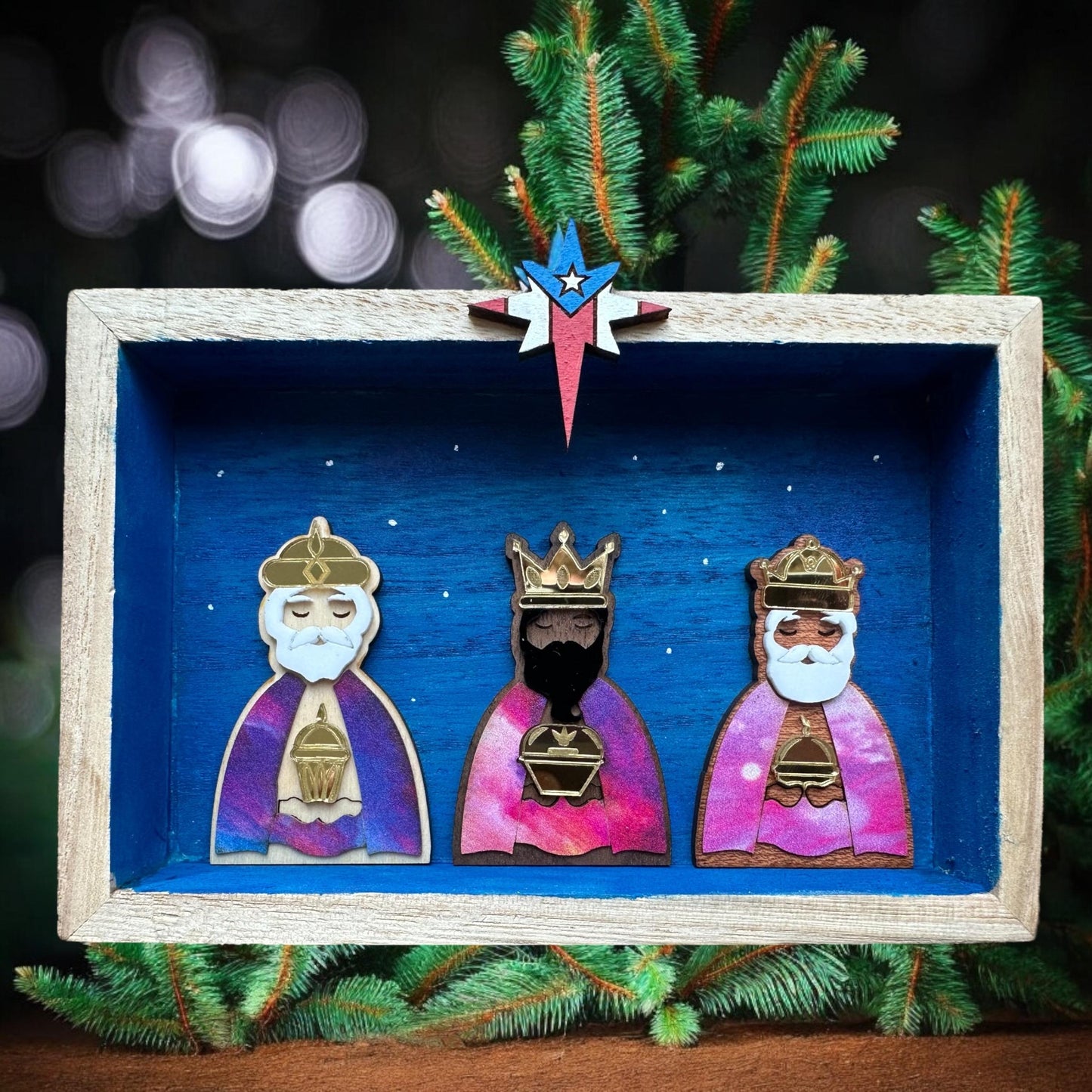 Three Kings Miniature: Puerto Rican Flag Star, Wood Veneer Nativity