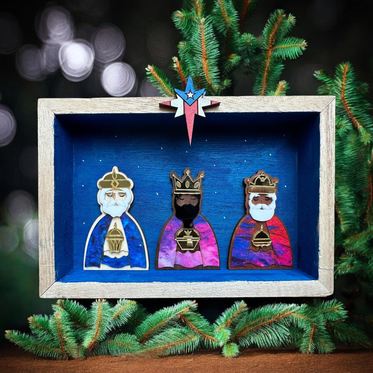 Three Kings Miniature: Puerto Rican Flag Star, Wood Veneer Nativity