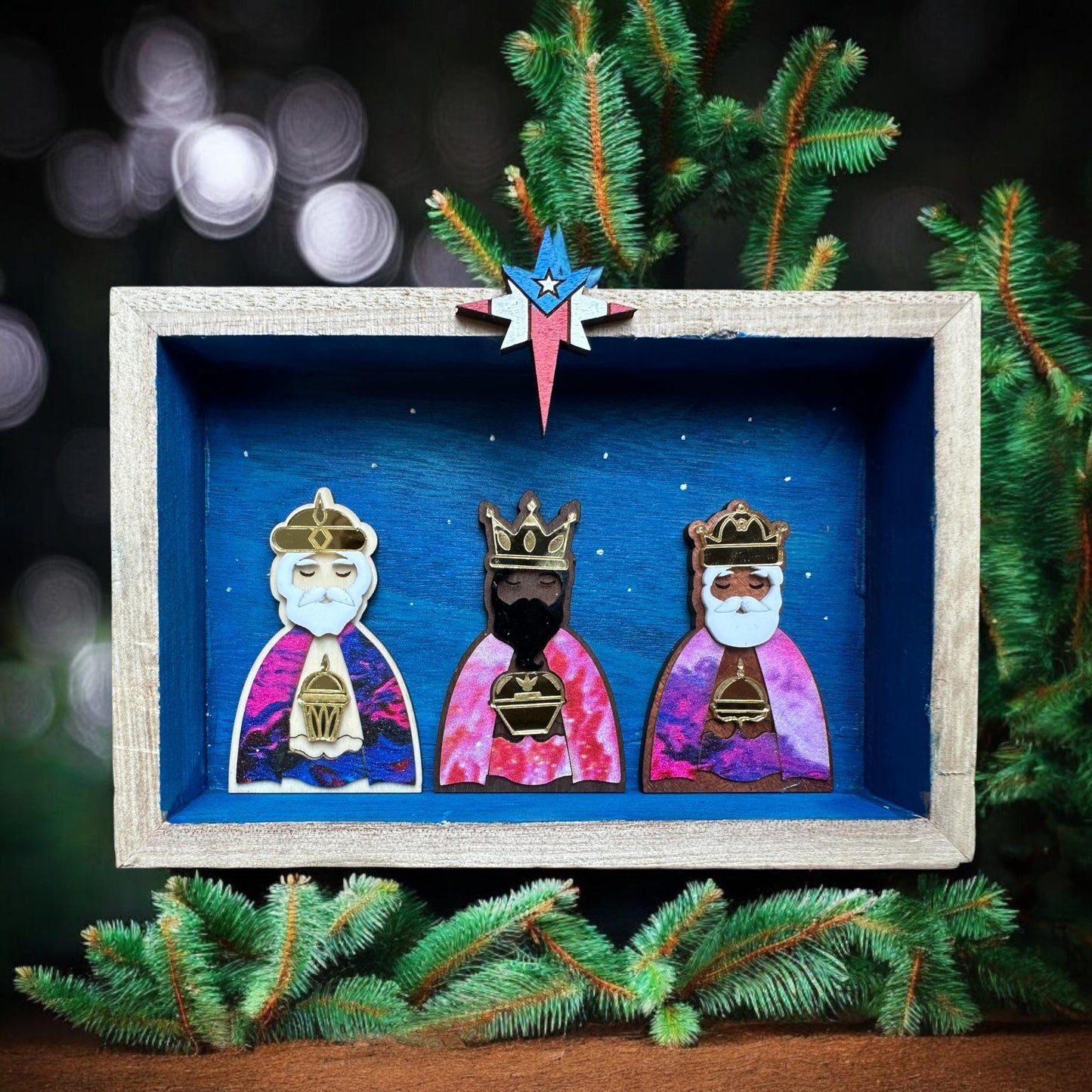 Three Kings Miniature: Puerto Rican Flag Star, Wood Veneer Nativity