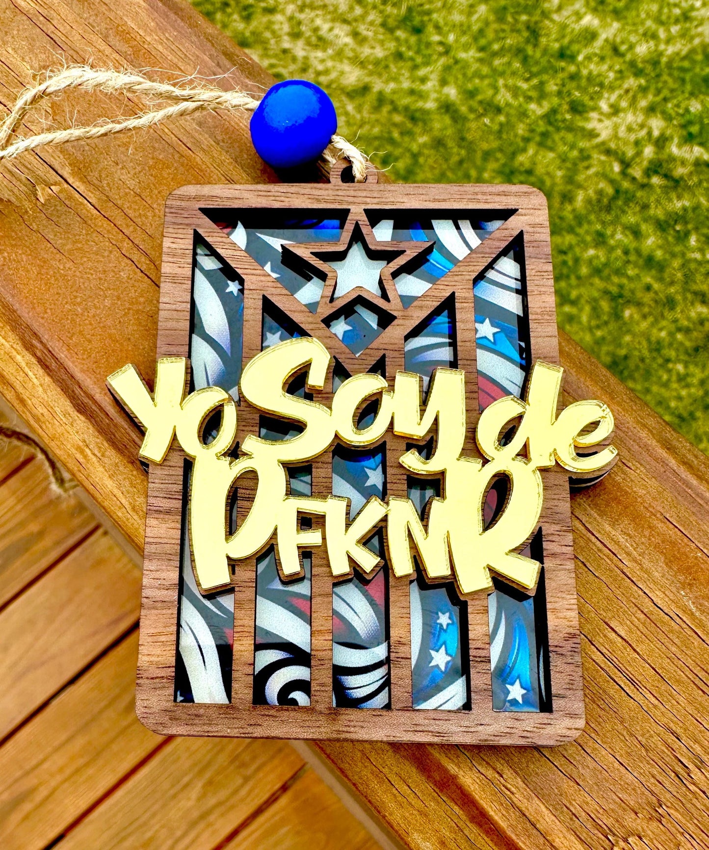 PFKNR Puerto Rican Flag Car Charm: Gold Acrylic, Walnut Wood Suncatcher