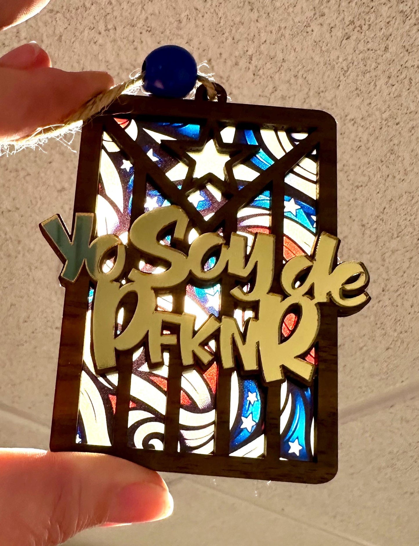 PFKNR Puerto Rican Flag Car Charm: Gold Acrylic, Walnut Wood Suncatcher