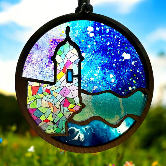 El Morro garita Suncatcher: Acrylic and Red Oak Puerto Rico Art, stained glass look window art