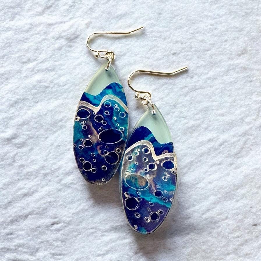 Holographic Surfboard Earrings: Sparkly Ocean Wave Dangles