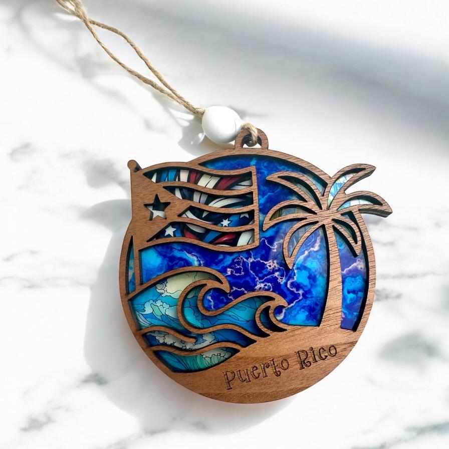 Puerto Rican Flag Car Charm: Palm Tree and ocean Suncatcher, Boricua Pride