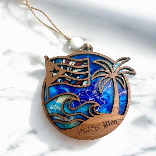 Puerto Rican Flag Car Charm: Palm Tree and ocean Suncatcher, Boricua Pride