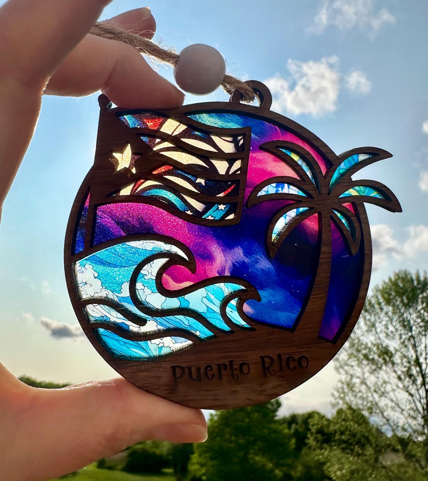 Puerto Rican Flag Car Charm: Palm Tree and ocean Suncatcher, Boricua Pride