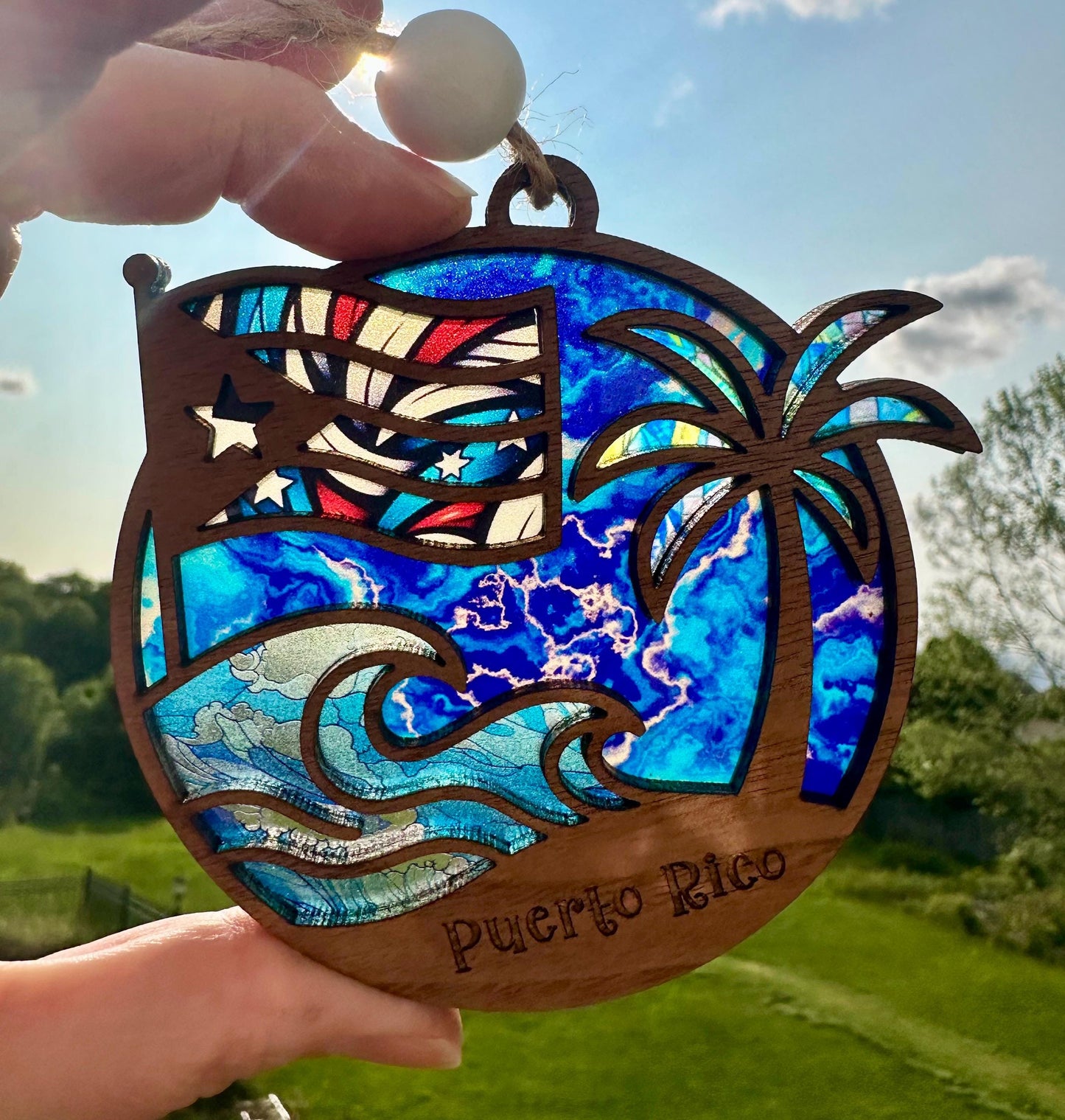 Puerto Rican Flag Car Charm: Palm Tree and ocean Suncatcher, Boricua Pride