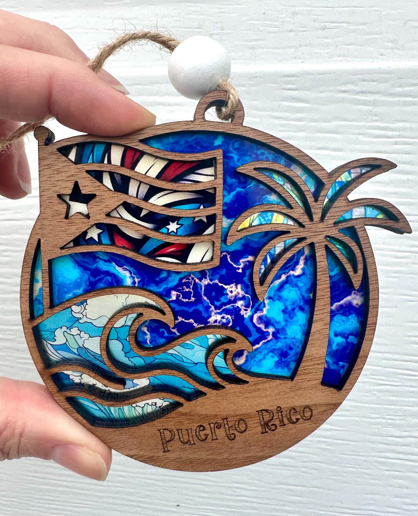 Puerto Rican Flag Car Charm: Palm Tree and ocean Suncatcher, Boricua Pride