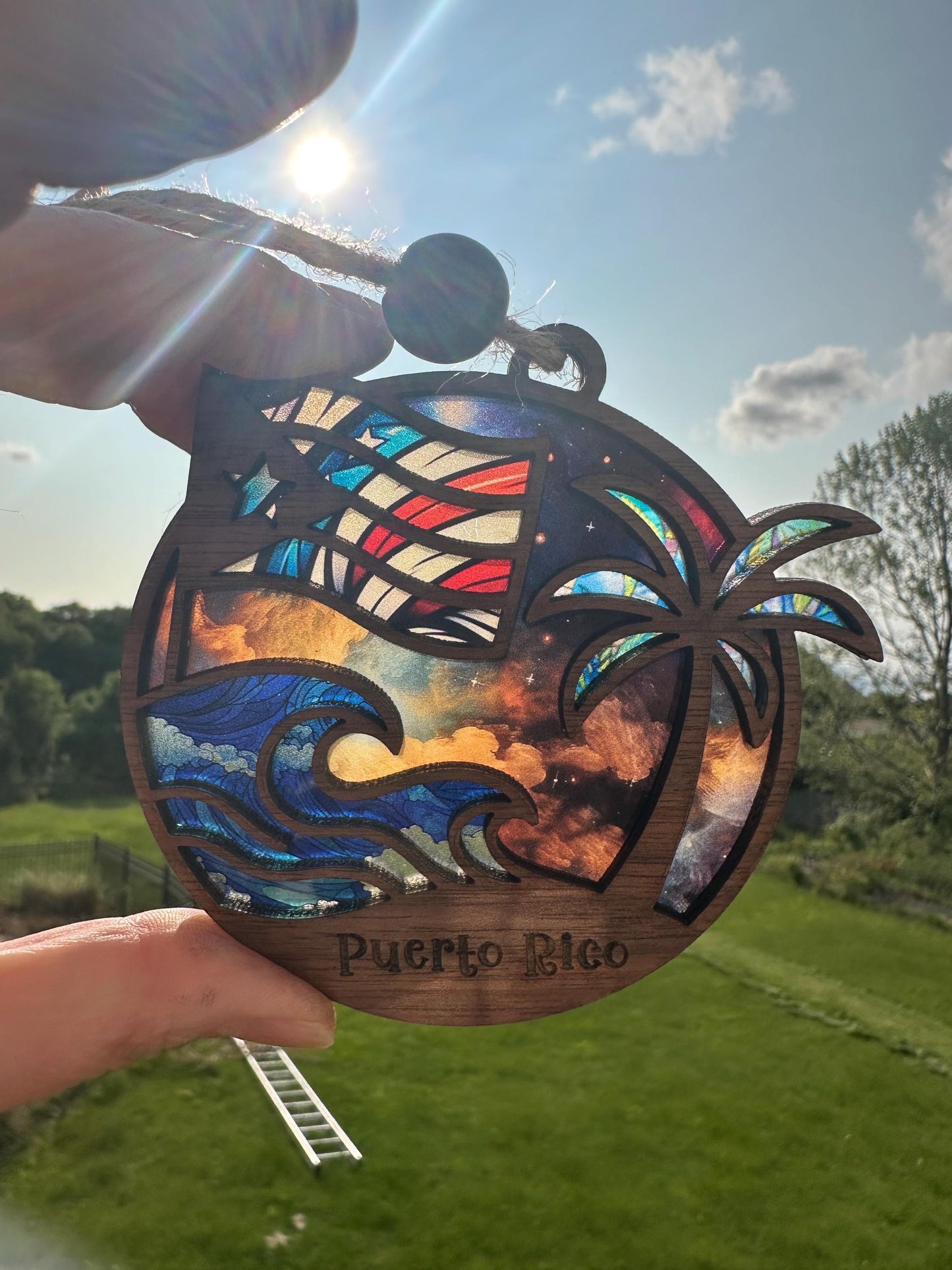 Puerto Rican Flag Car Charm: Palm Tree and ocean Suncatcher, Boricua Pride