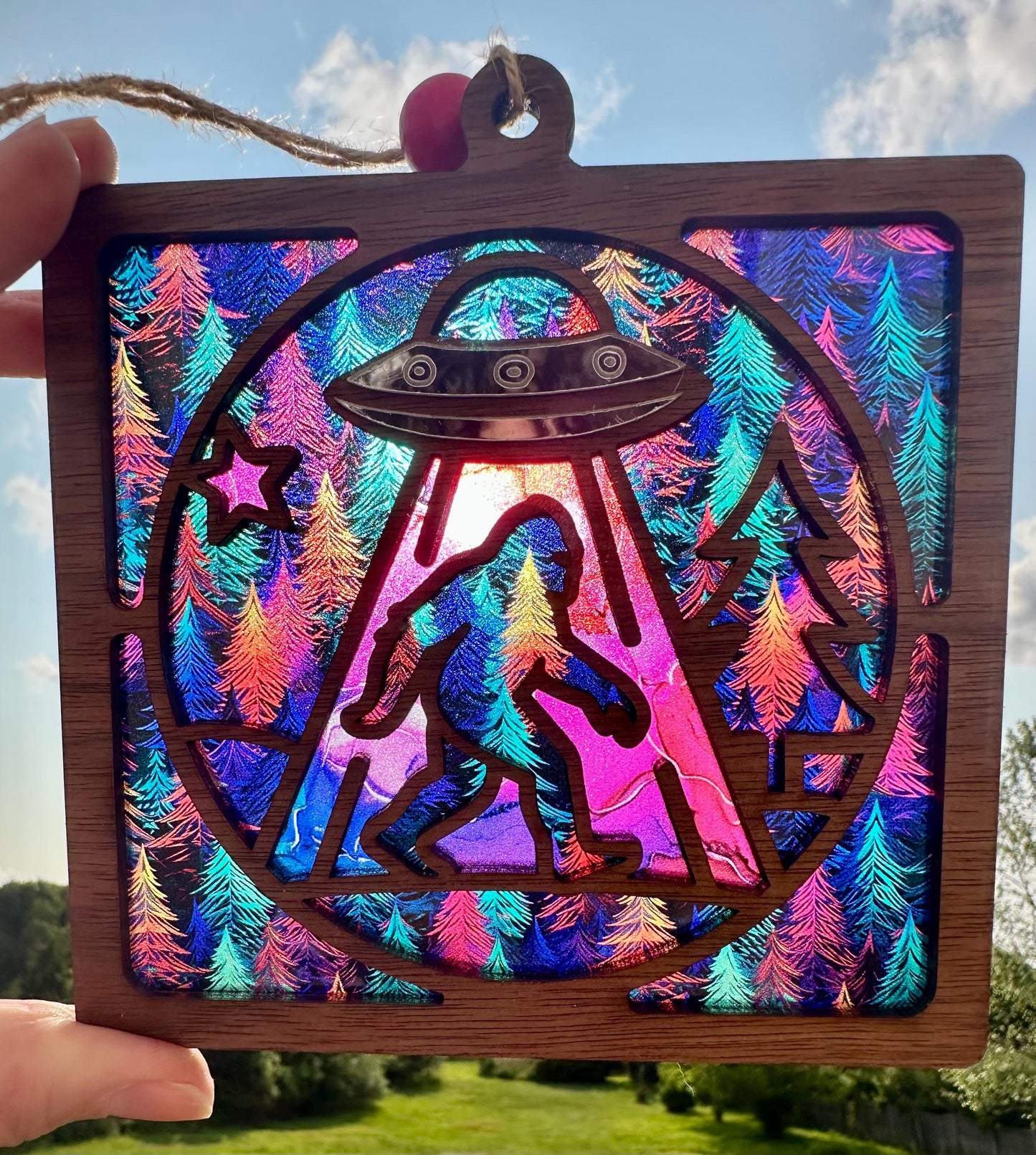 Bigfoot Abduction Suncatcher: Silver UFO Beam Window Decor