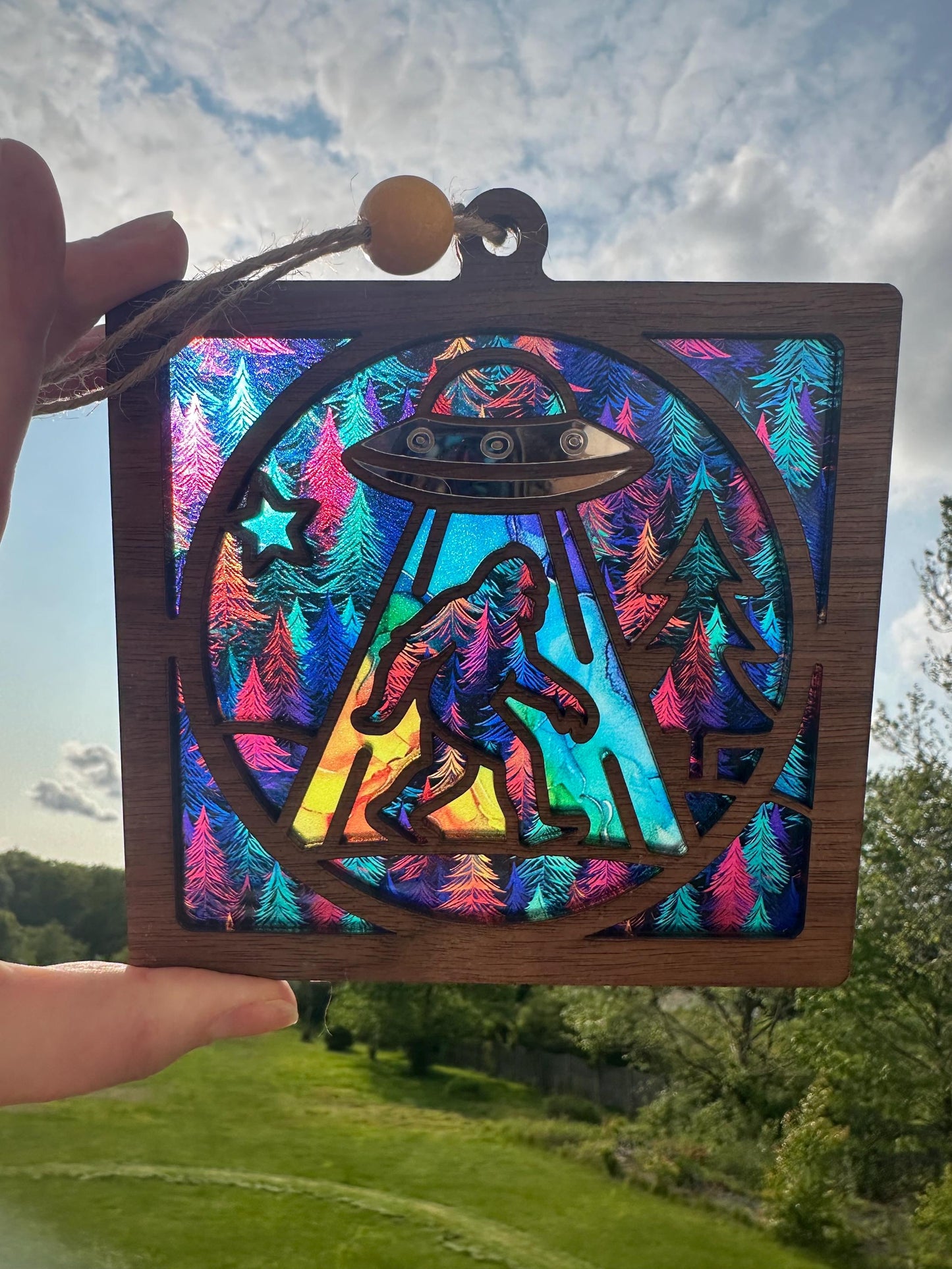 Bigfoot Abduction Suncatcher: Silver UFO Beam Window Decor