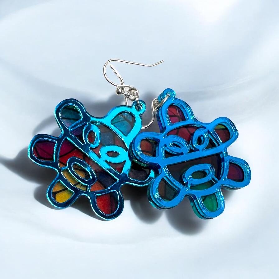 Taino Sol Wooden Earrings: Colorful Stained Glass Look, Puerto Rican Art, suncatcher jewelry