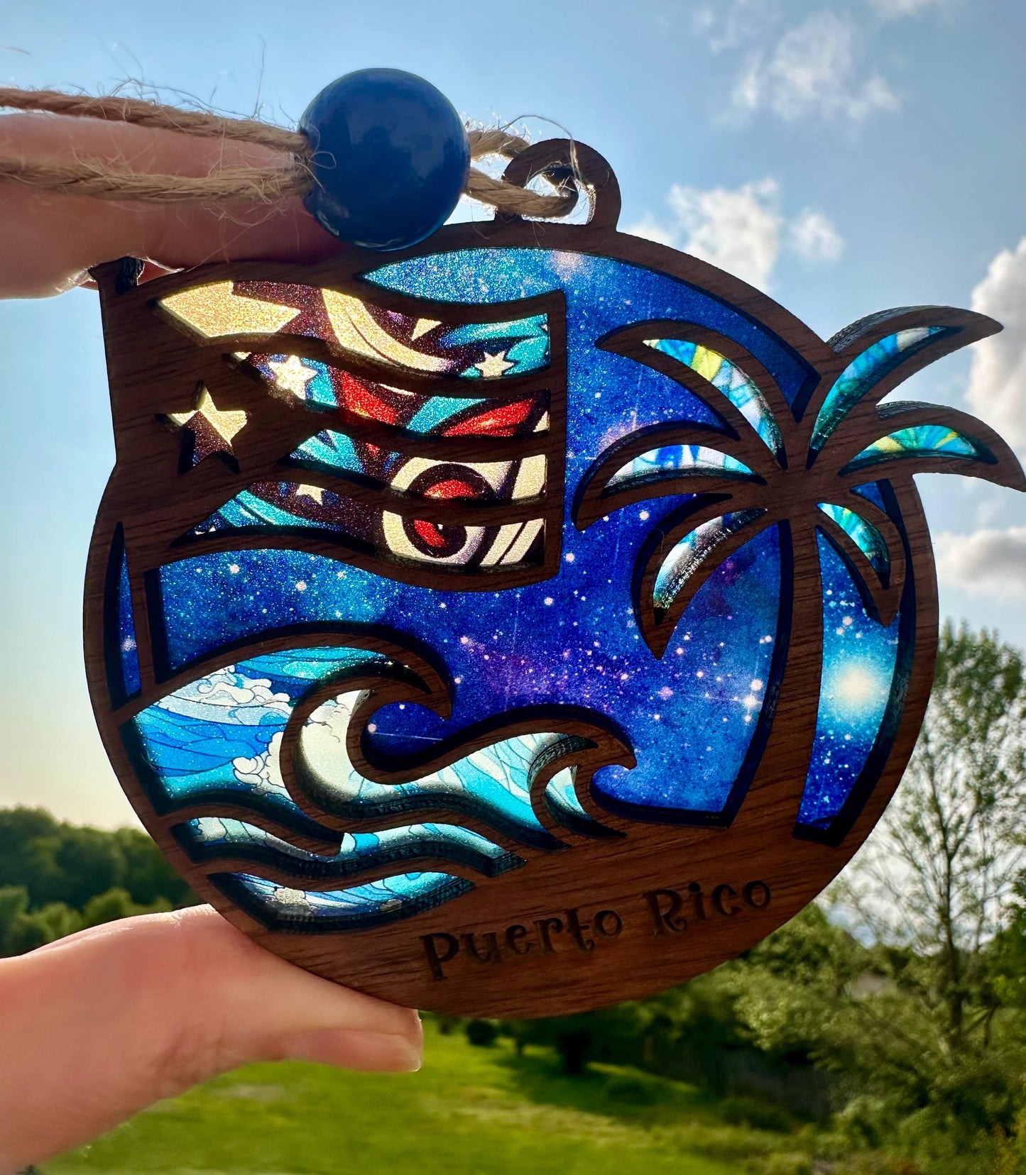 Puerto Rican Flag Car Charm: Palm Tree and ocean Suncatcher, Boricua Pride