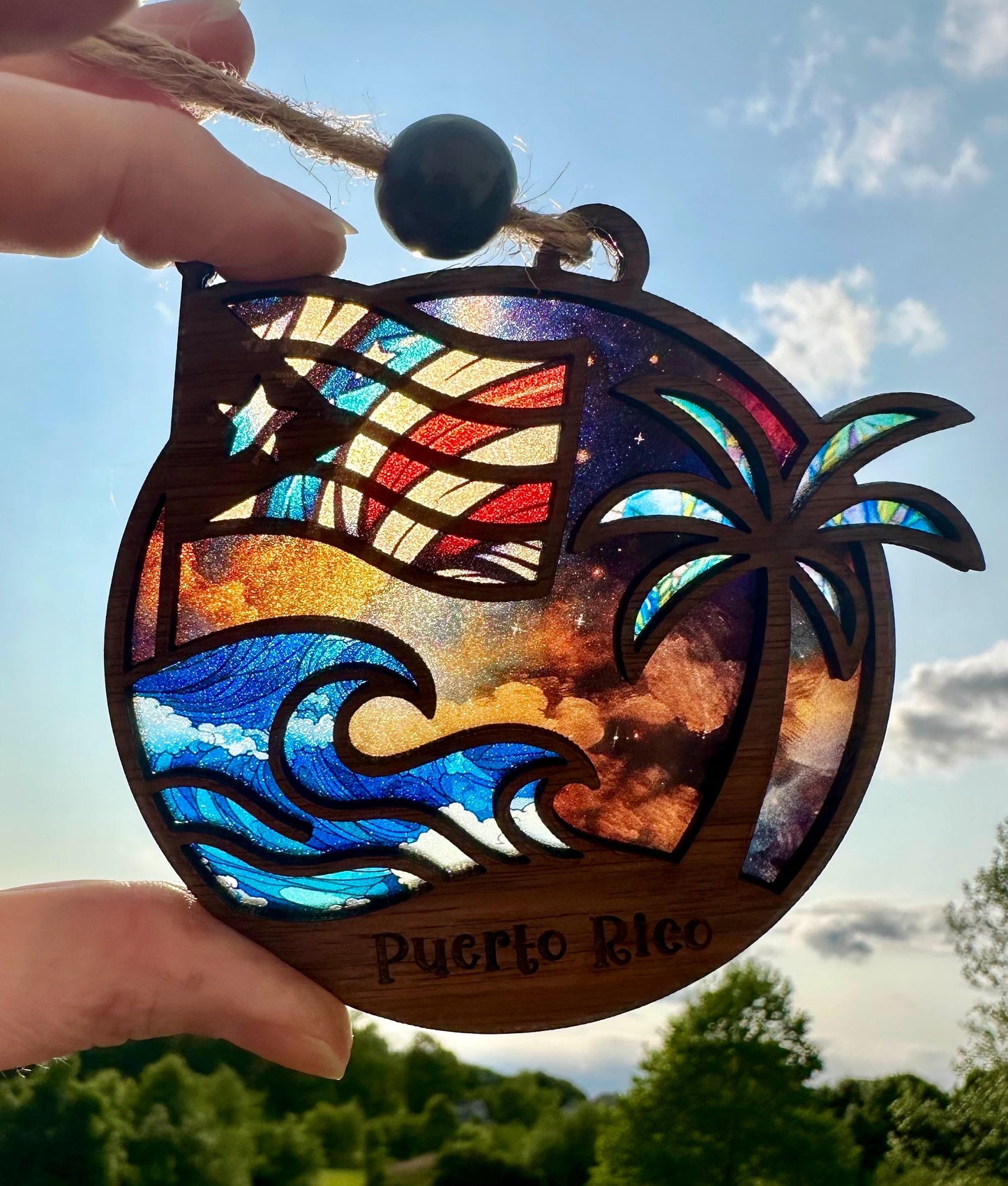 Puerto Rican Flag Car Charm: Palm Tree and ocean Suncatcher, Boricua Pride