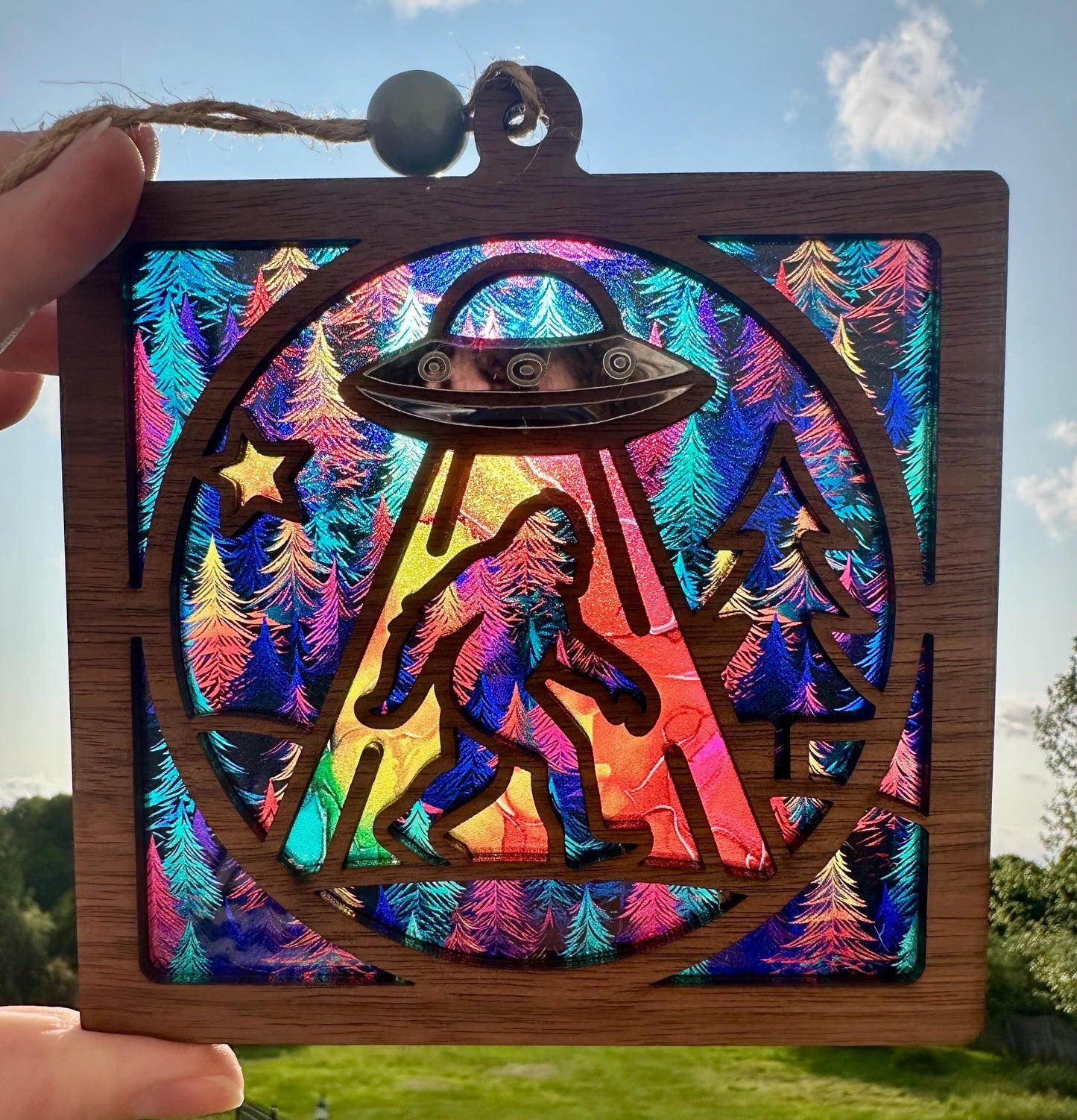 Bigfoot Abduction Suncatcher: Silver UFO Beam Window Decor