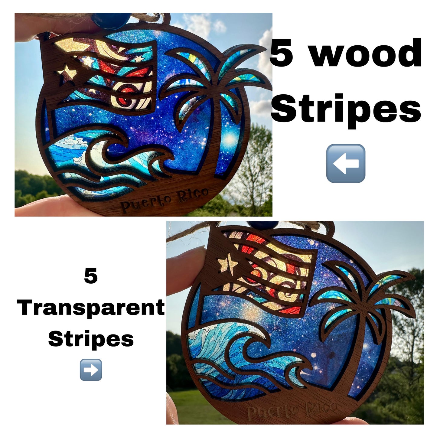 Puerto Rican Flag Car Charm: Palm Tree and ocean Suncatcher, Boricua Pride
