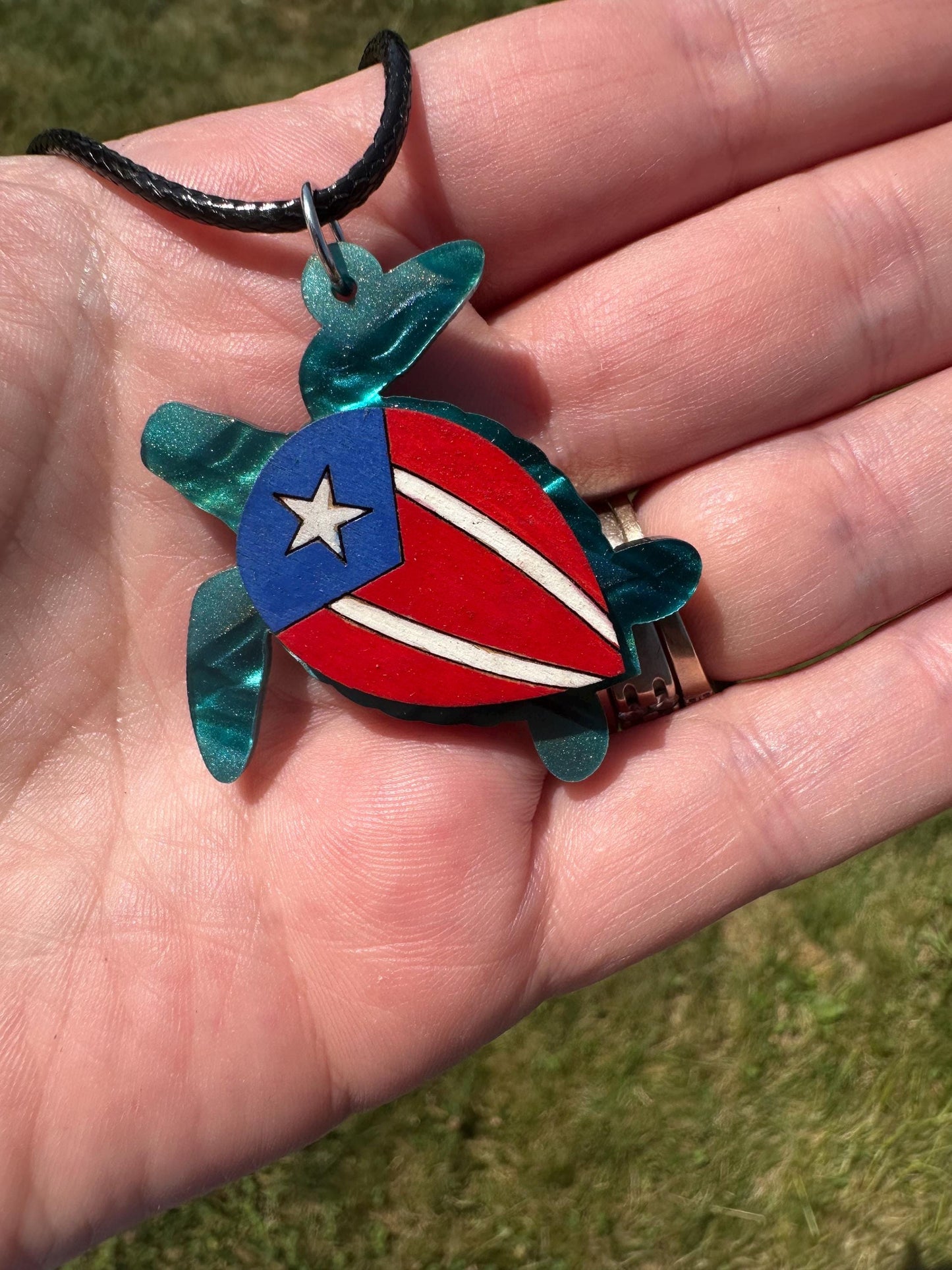 Hand-Painted Sea Turtle Pendant: Puerto Rican Flag Art, Sapele Wood