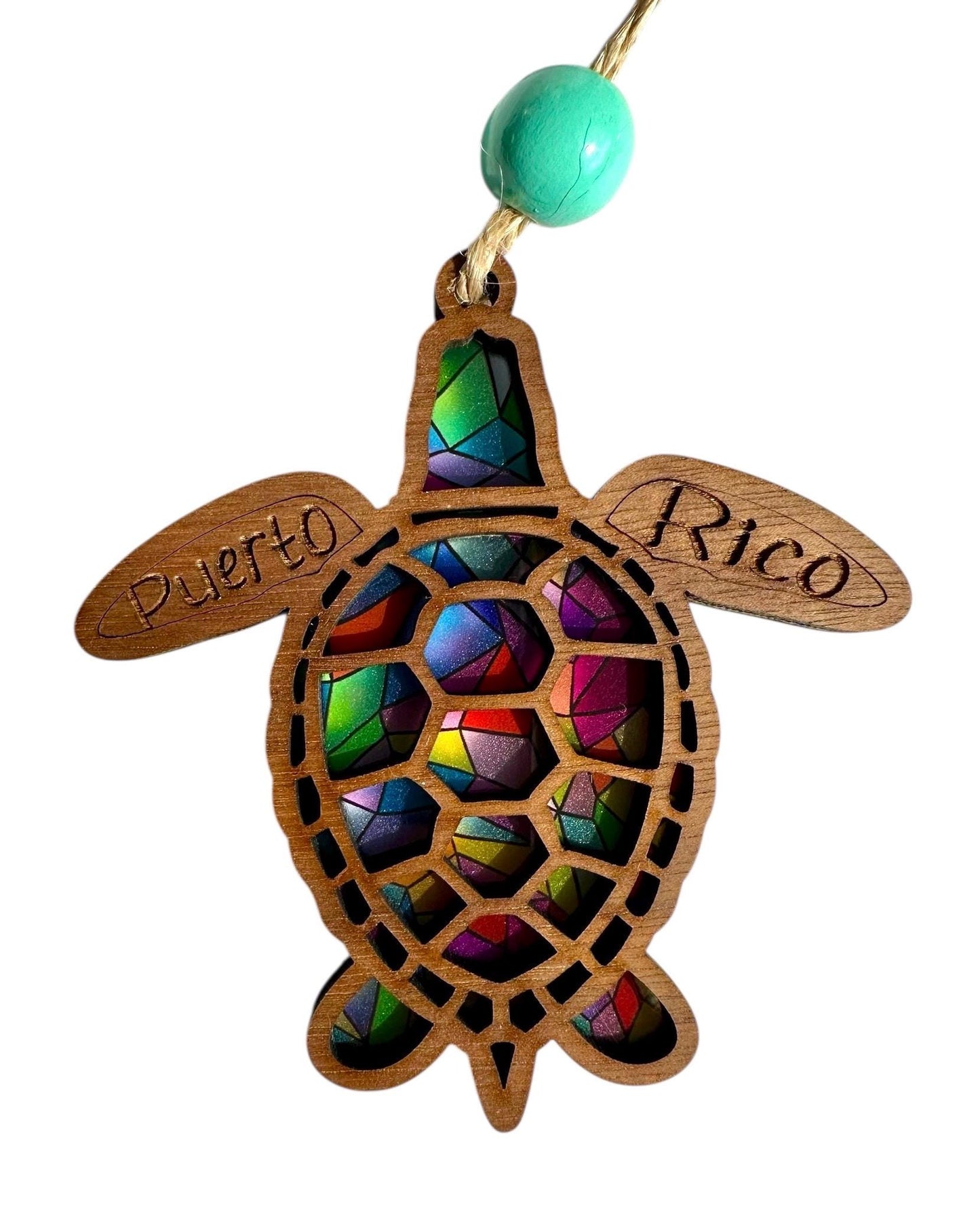 Puerto Rico Sea Turtle Suncatcher: Stained Glass Style Wood Car Charm and ornament