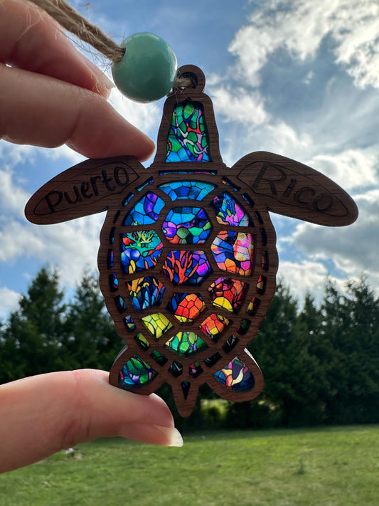 Puerto Rico Sea Turtle Suncatcher: Stained Glass Style Wood Car Charm and ornament