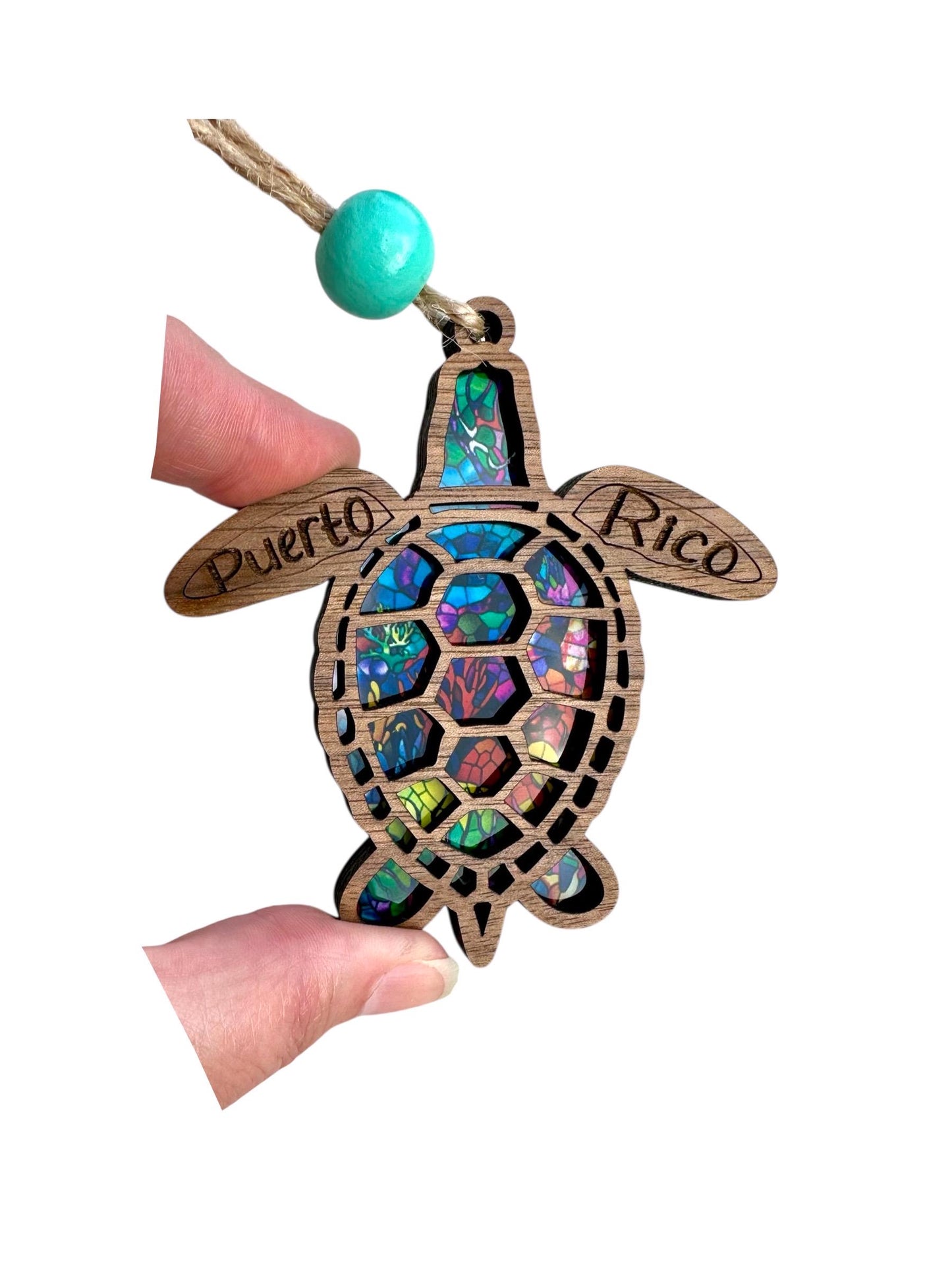Puerto Rico Sea Turtle Suncatcher: Stained Glass Style Wood Car Charm and ornament