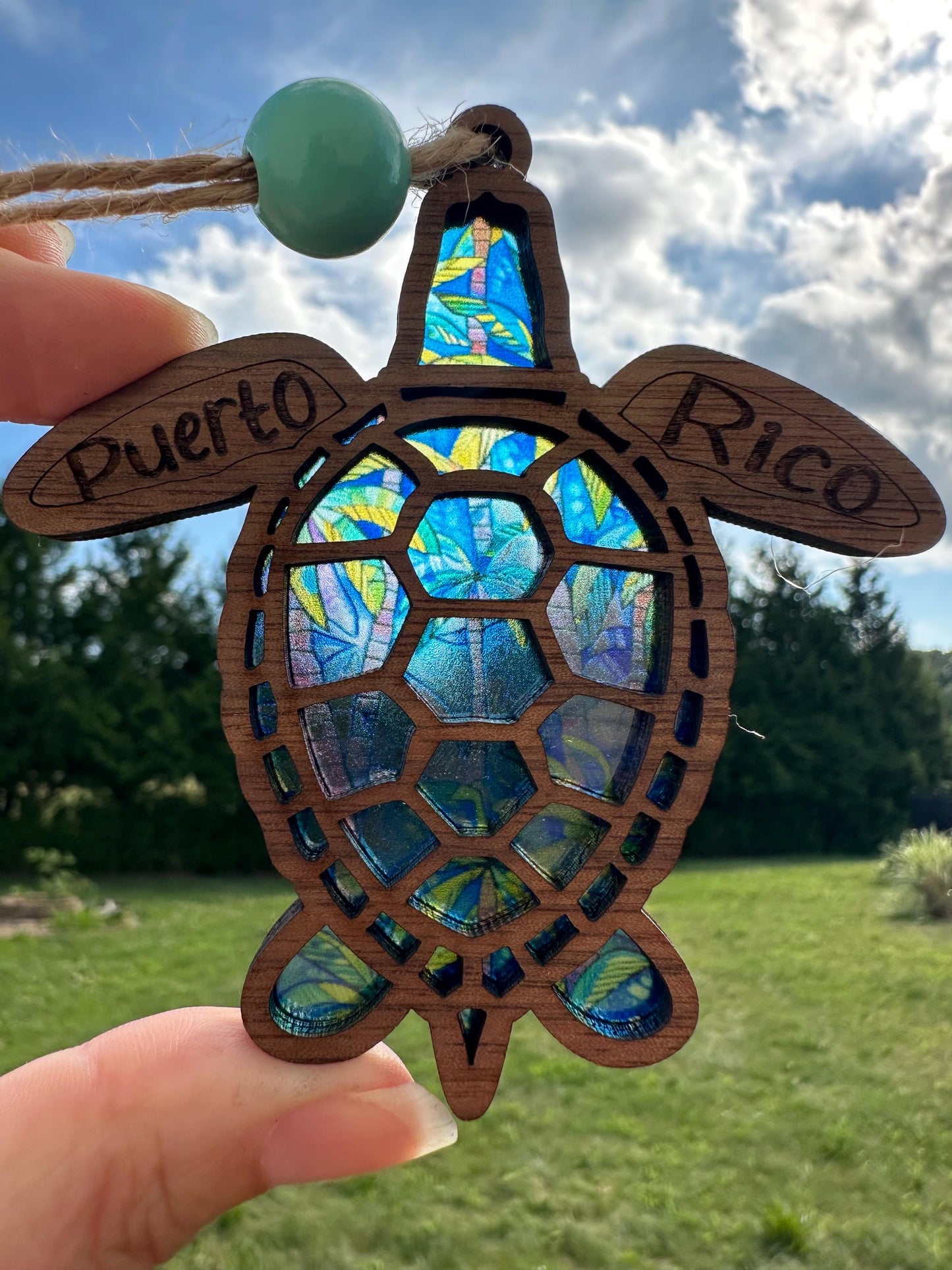 Puerto Rico Sea Turtle Suncatcher: Stained Glass Style Wood Car Charm and ornament