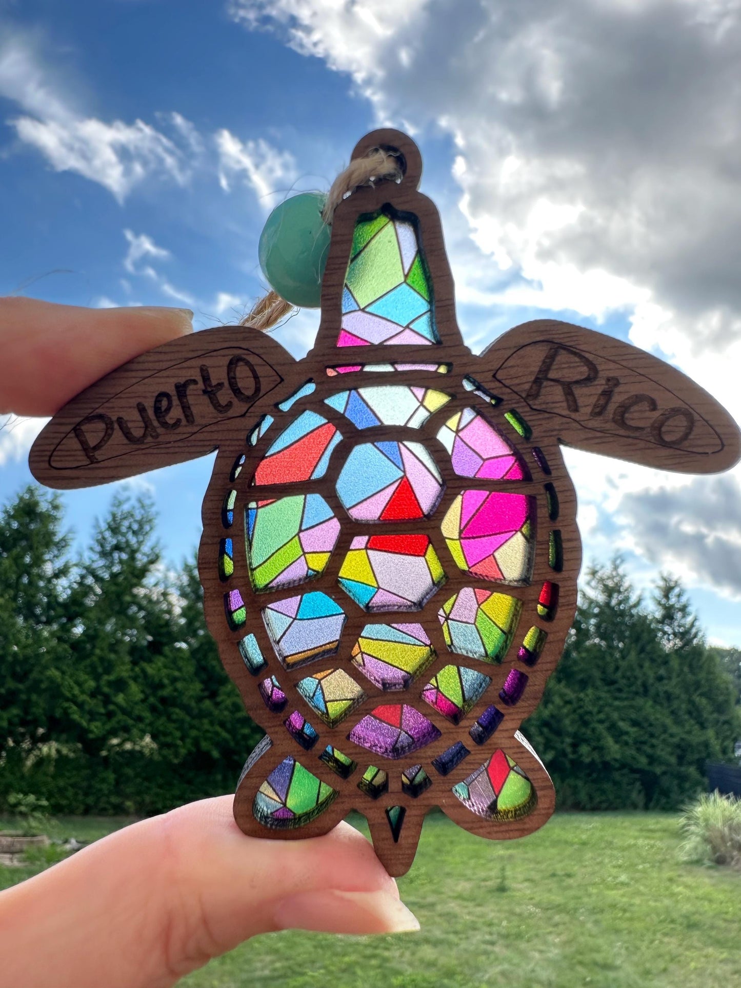 Puerto Rico Sea Turtle Suncatcher: Stained Glass Style Wood Car Charm and ornament