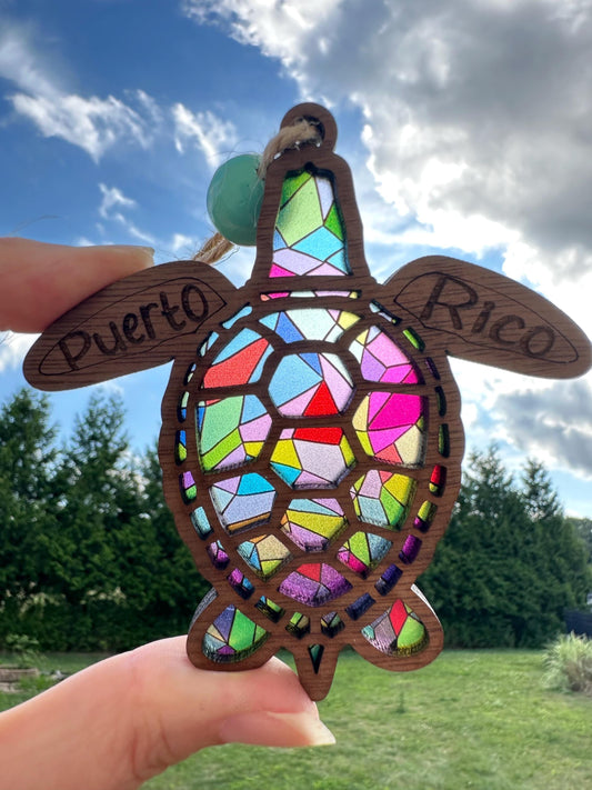 Puerto Rico Sea Turtle Suncatcher: Stained Glass Style Wood Car Charm and ornament