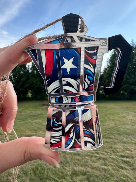 Puerto Rican Flag Greca Coffee Suncatcher: Espresso maker Car Charm, Boricua ornament