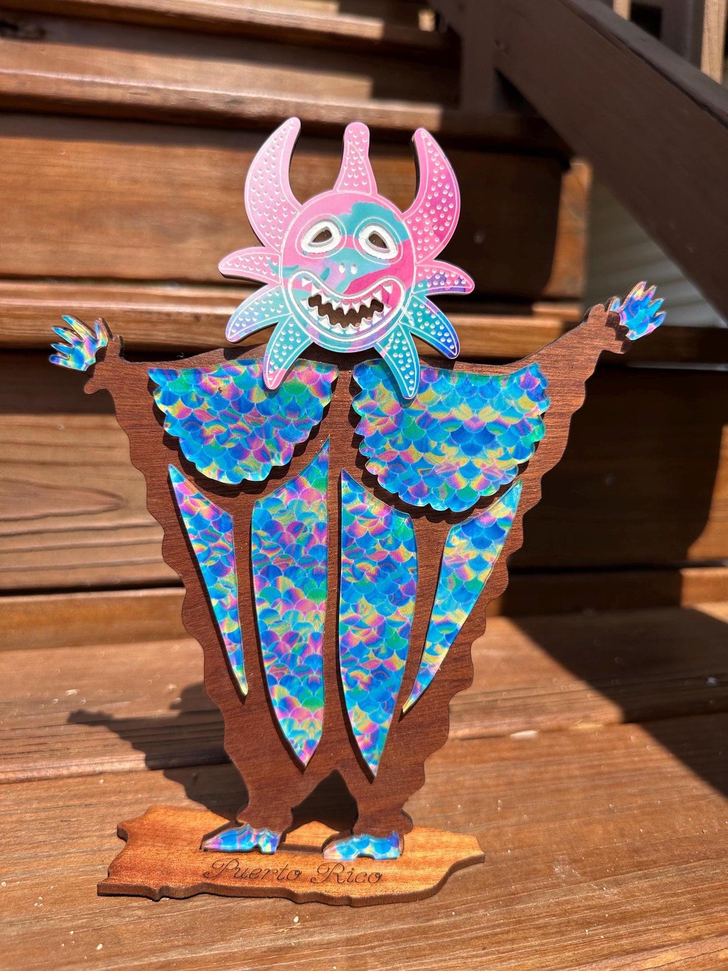 Colorful Vejigante carnival mask wood statue for desk or shelf, Puerto Rico art, house warming gift for Puerto Rican, homesick Puerto Rico