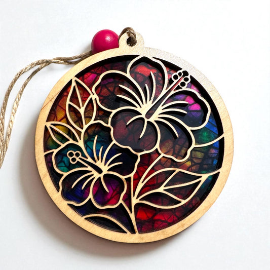 Hibiscus Car Charm: Stained Glass Look, Puerto Rico Amapola Flower suncatcher, window art