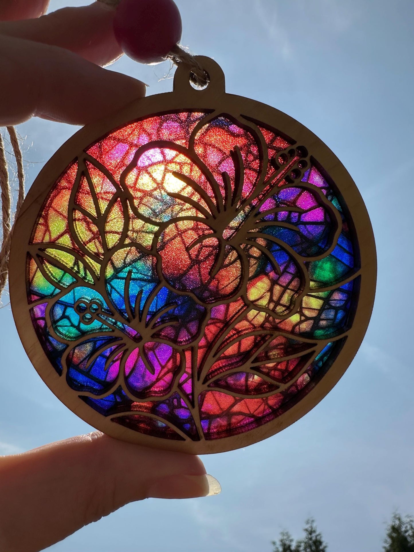 Hibiscus Car Charm: Stained Glass Look, Puerto Rico Amapola Flower suncatcher, window art