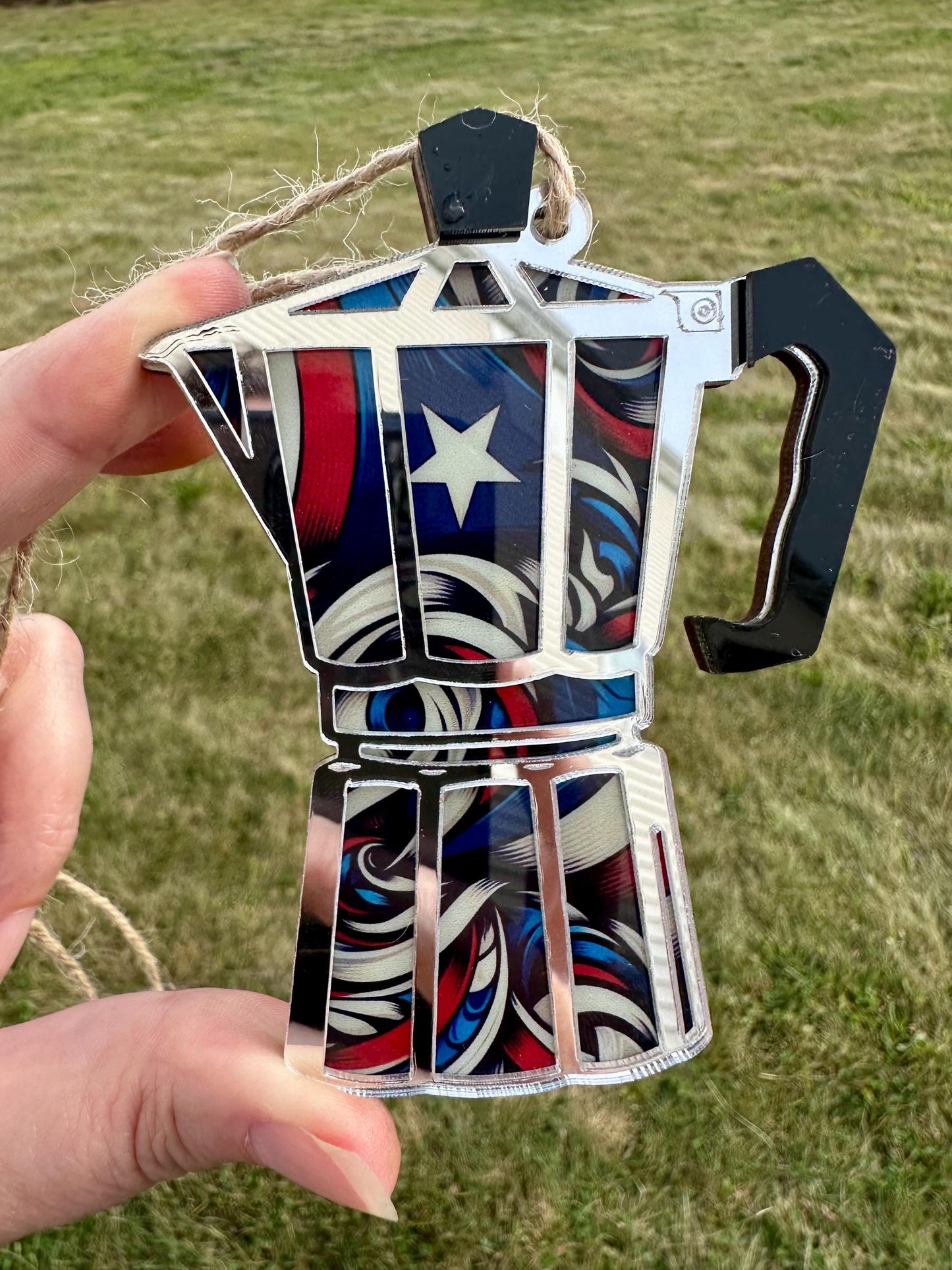 Puerto Rican Flag Greca Coffee Suncatcher: Espresso maker Car Charm, Boricua ornament