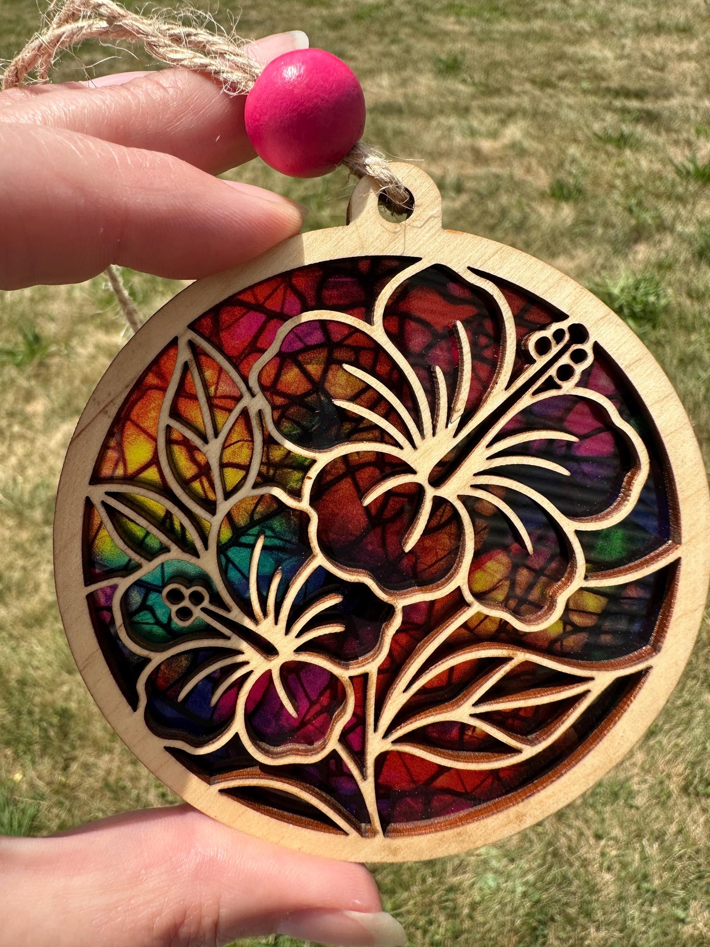 Hibiscus Car Charm: Stained Glass Look, Puerto Rico Amapola Flower suncatcher, window art