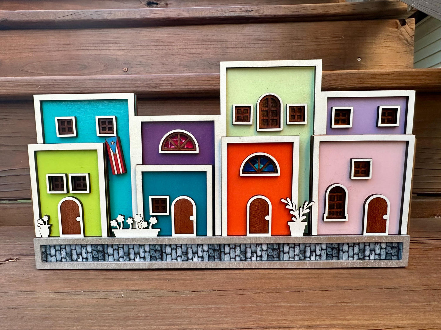 Viejo San Juan houses shelf sitter, Puerto Rico art cobble stone street scene decor, christmas gift for Puerto Rican mother, Boricua gift