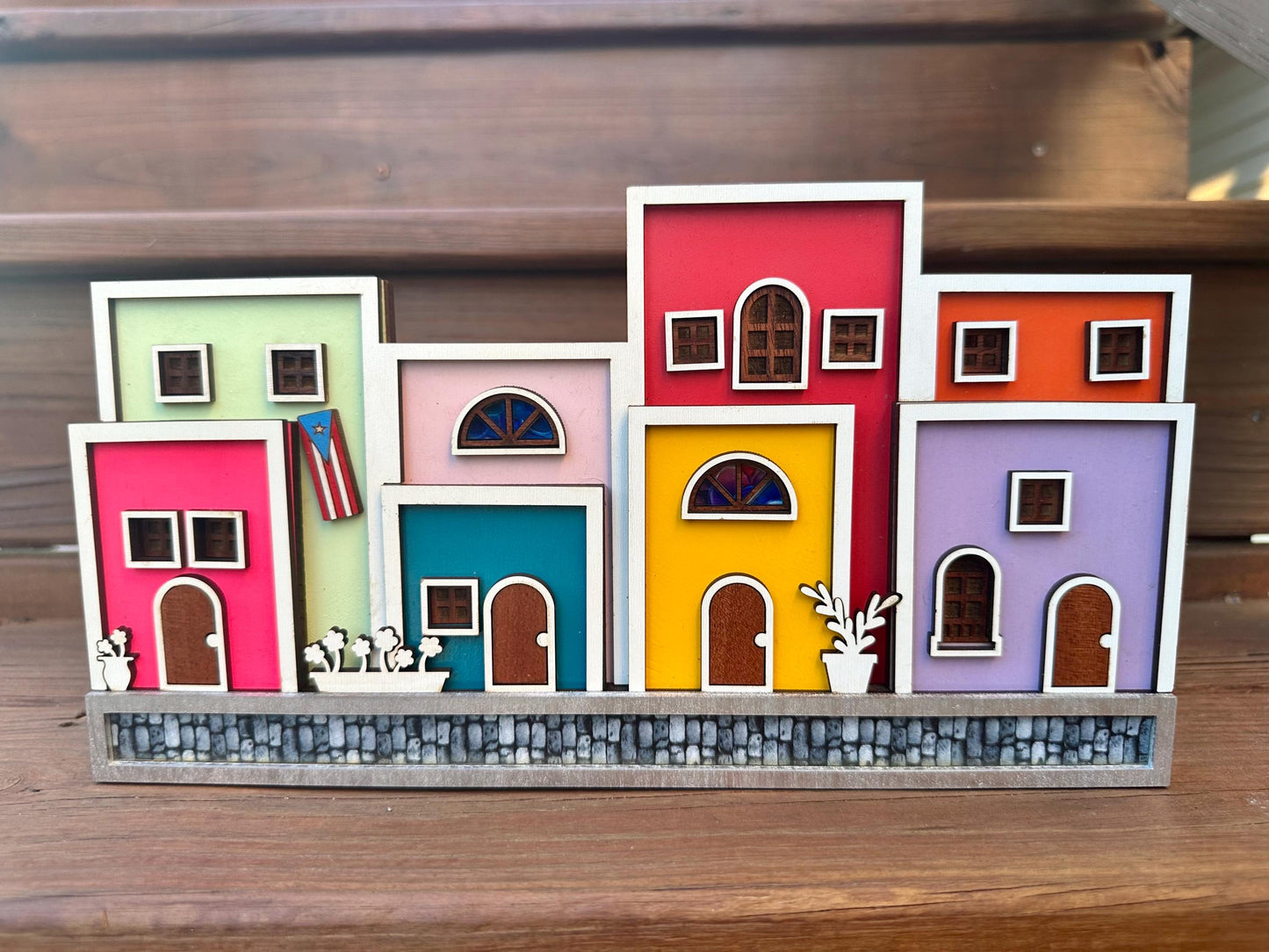 Viejo San Juan houses shelf sitter, Puerto Rico art cobble stone street scene decor, christmas gift for Puerto Rican mother, Boricua gift
