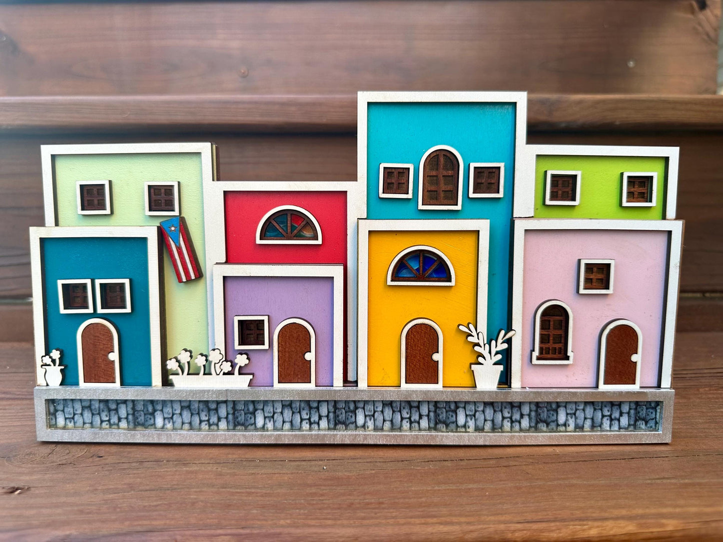 Viejo San Juan houses shelf sitter, Puerto Rico art cobble stone street scene decor, christmas gift for Puerto Rican mother, Boricua gift