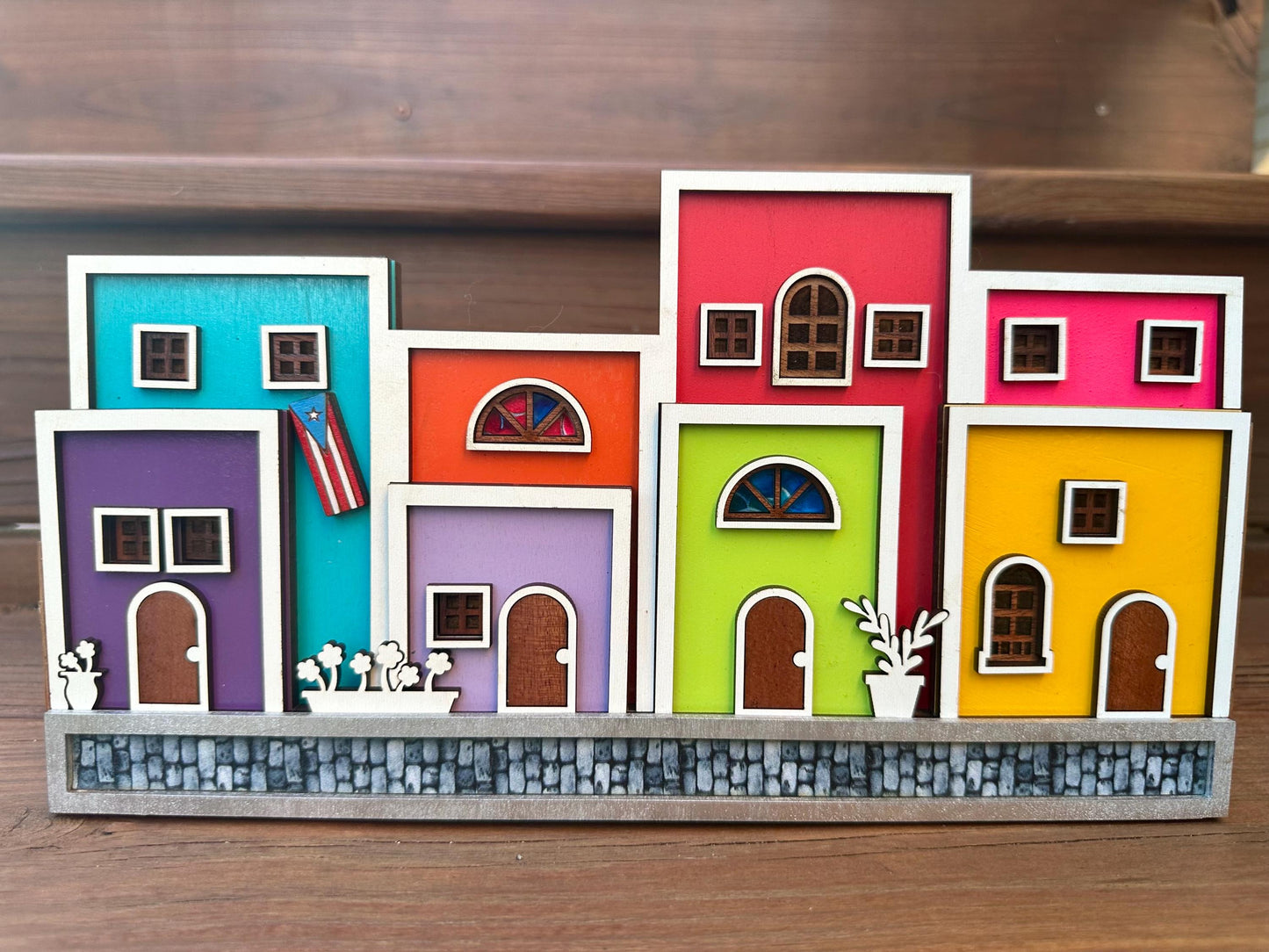 Viejo San Juan houses shelf sitter, Puerto Rico art cobble stone street scene decor, christmas gift for Puerto Rican mother, Boricua gift