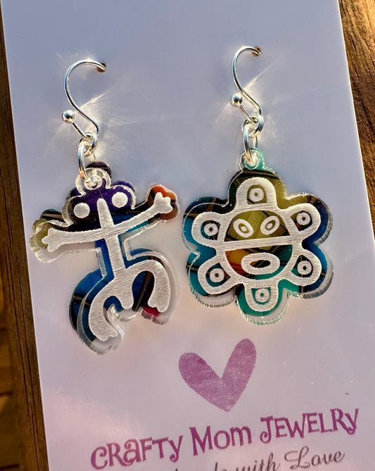 Taino coqui and sol swinging lightweight earrings, Puerto Rican acrylic engraved dangles small, colorful unique jewelry