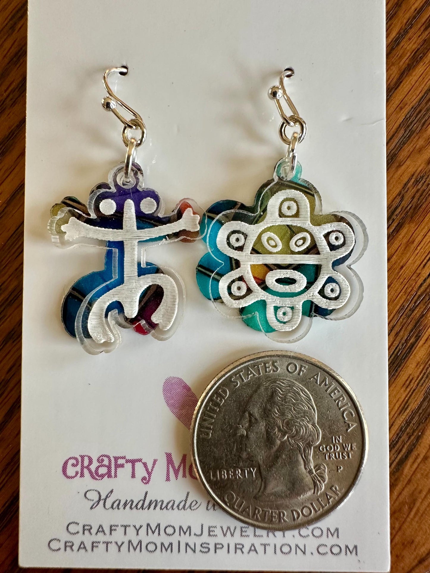 Taino coqui and sol swinging lightweight earrings, Puerto Rican acrylic engraved dangles small, colorful unique jewelry