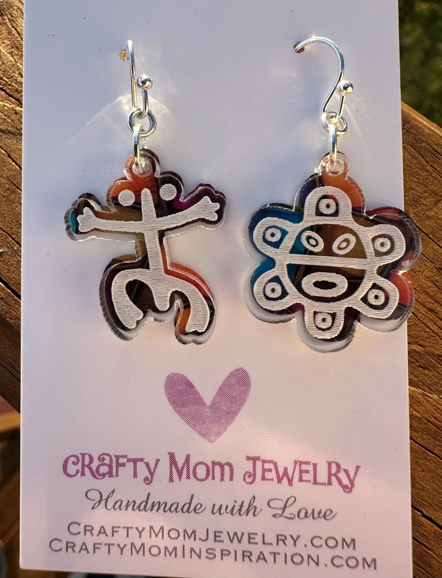 Taino coqui and sol swinging lightweight earrings, Puerto Rican acrylic engraved dangles small, colorful unique jewelry