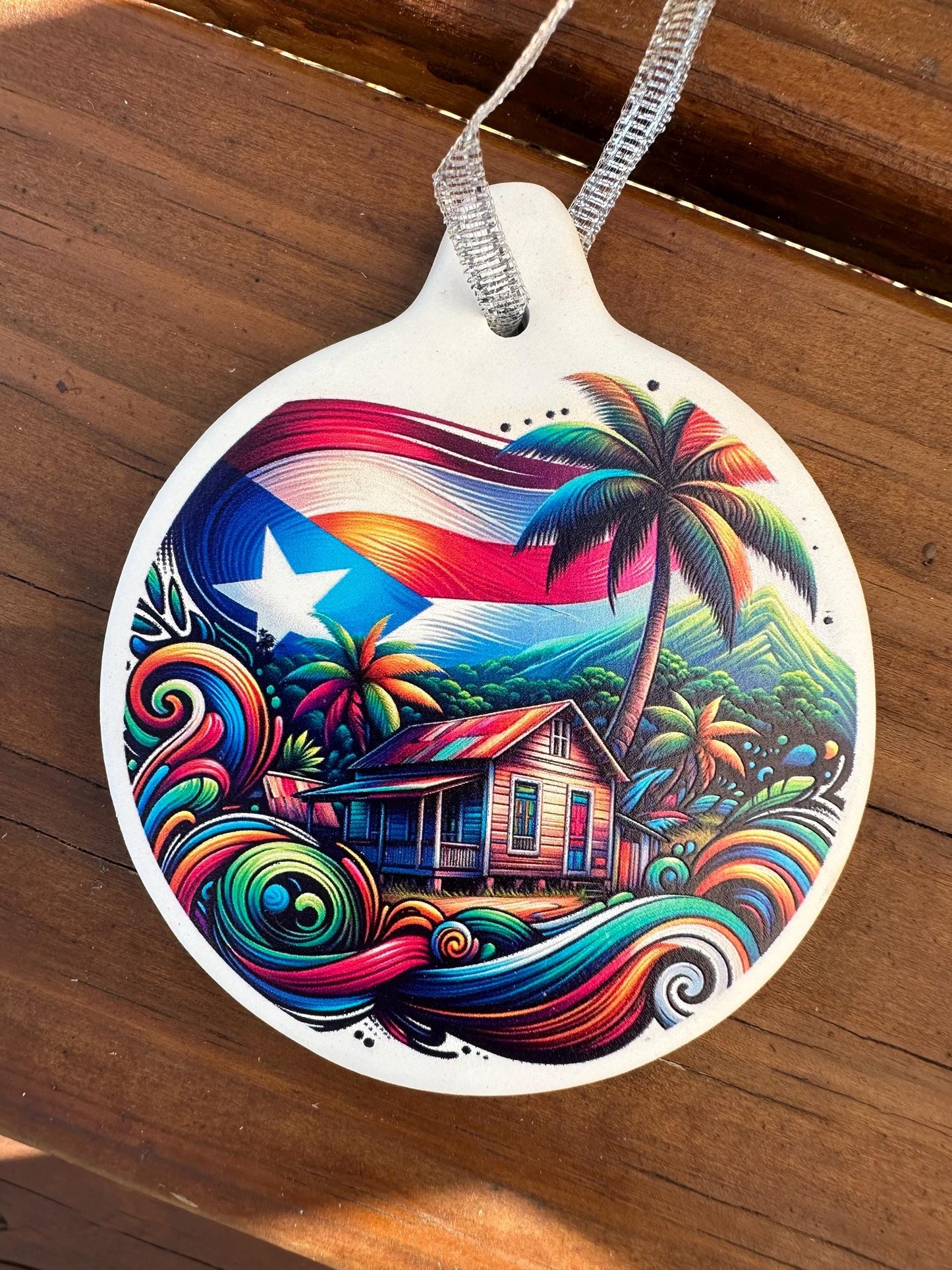 Puerto Rico casa del campo Ceramic Ornament: Puerto Rican countryside with flag Christmas Keepsake