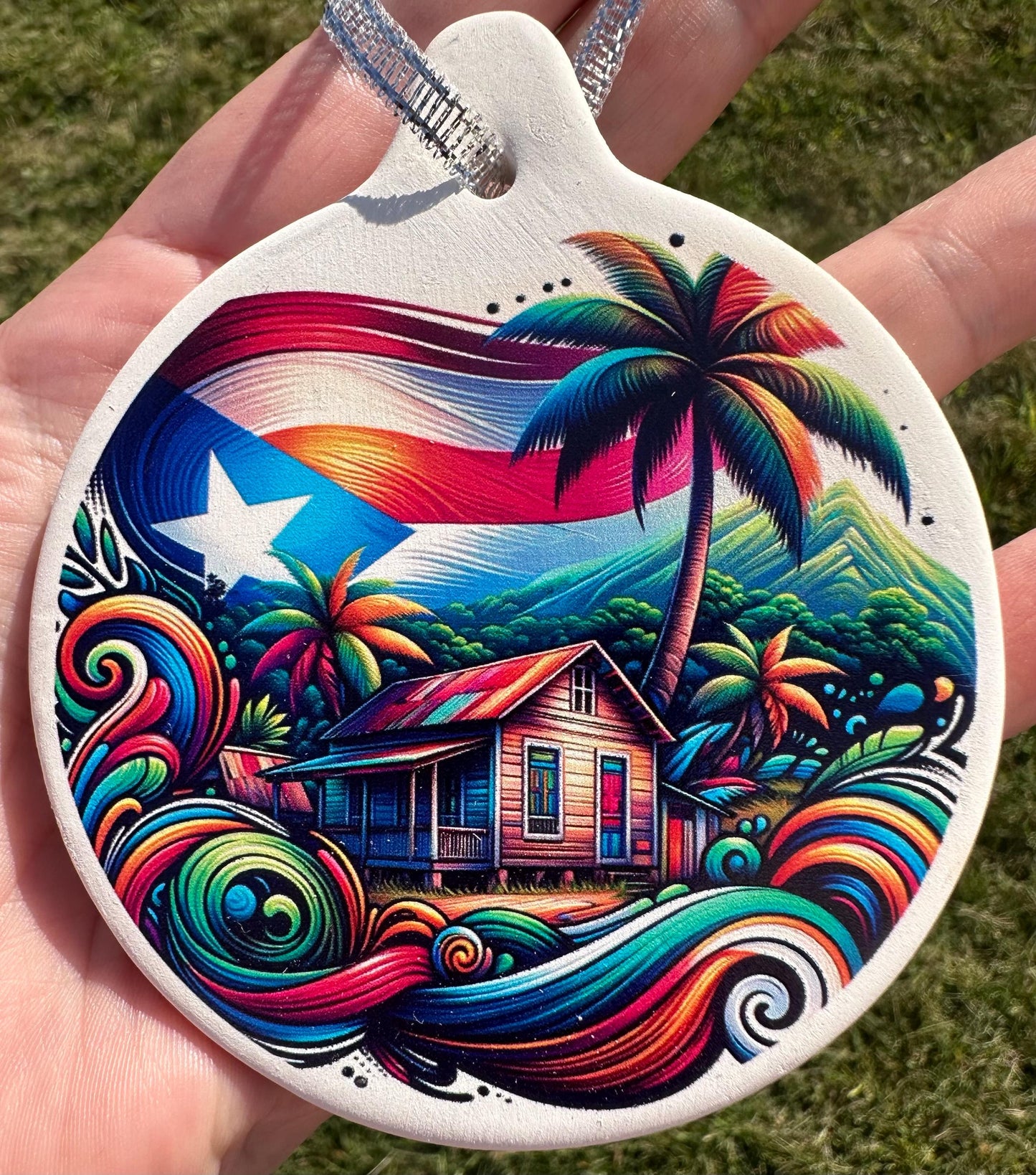 Puerto Rico casa del campo Ceramic Ornament: Puerto Rican countryside with flag Christmas Keepsake