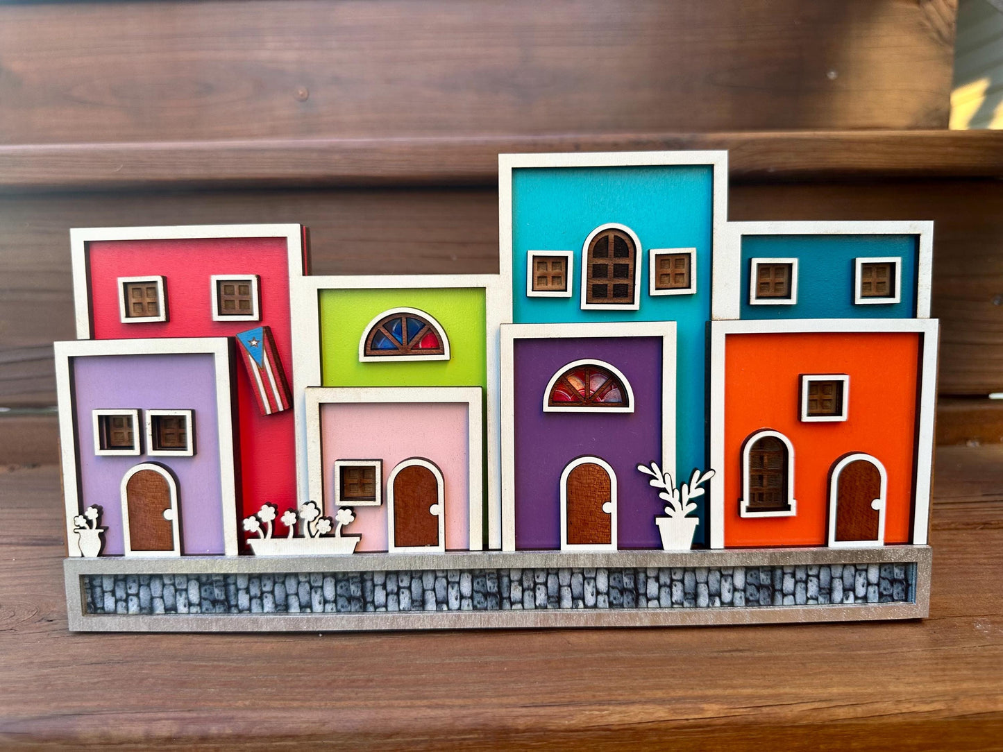Viejo San Juan houses shelf sitter, Puerto Rico art cobble stone street scene decor, christmas gift for Puerto Rican mother, Boricua gift