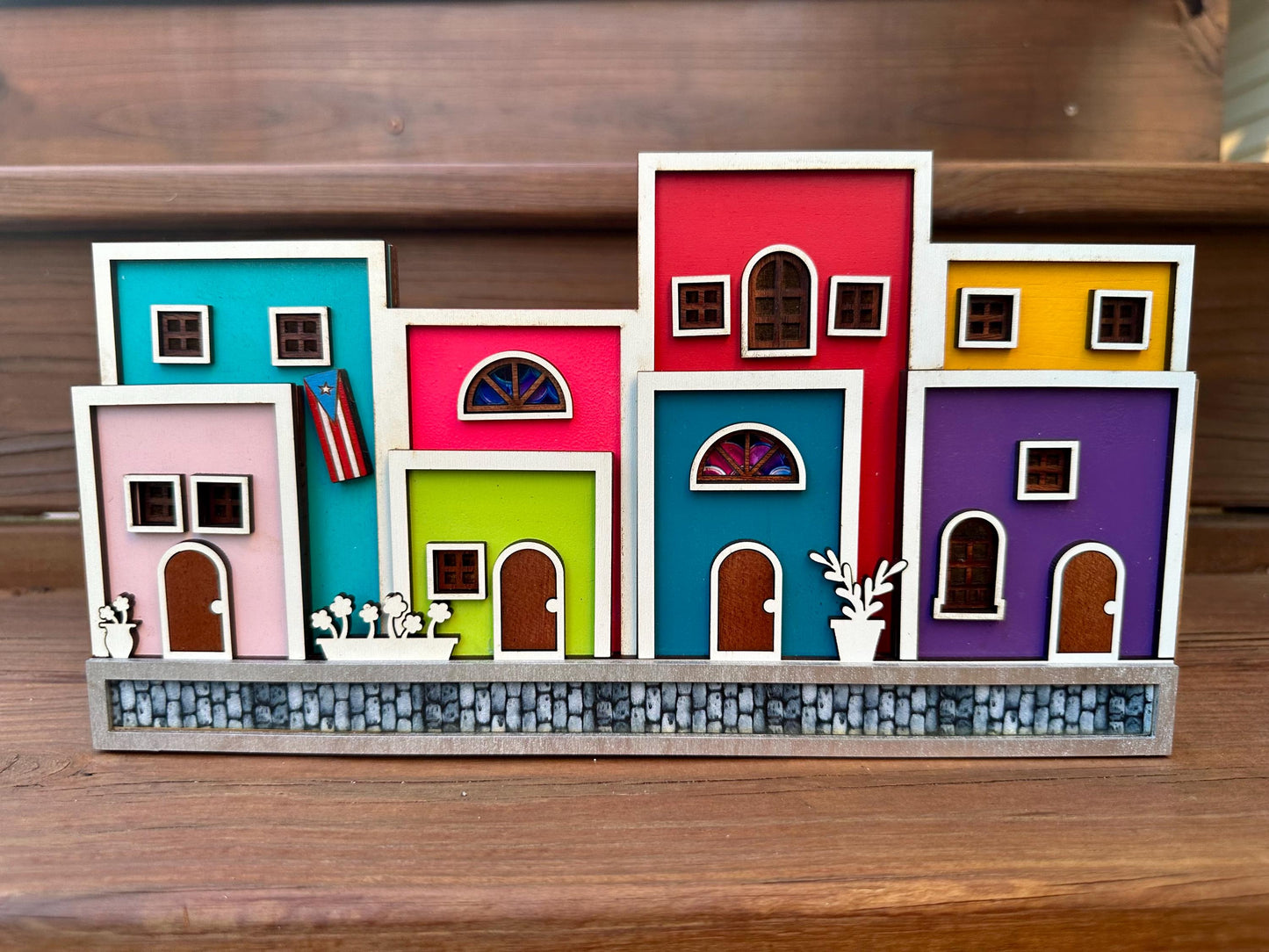 Viejo San Juan houses shelf sitter, Puerto Rico art cobble stone street scene decor, christmas gift for Puerto Rican mother, Boricua gift