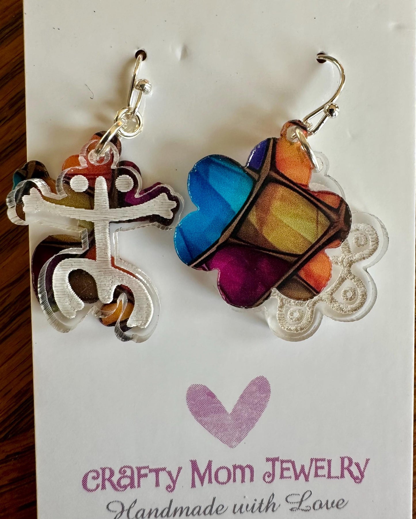Taino coqui and sol swinging lightweight earrings, Puerto Rican acrylic engraved dangles small, colorful unique jewelry