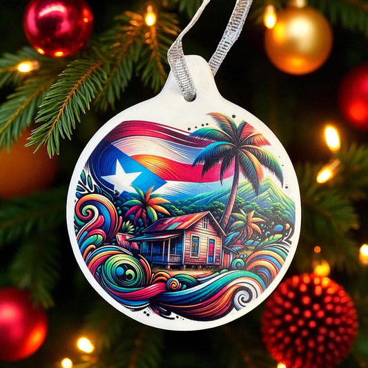 Puerto Rico casa del campo Ceramic Ornament: Puerto Rican countryside with flag Christmas Keepsake