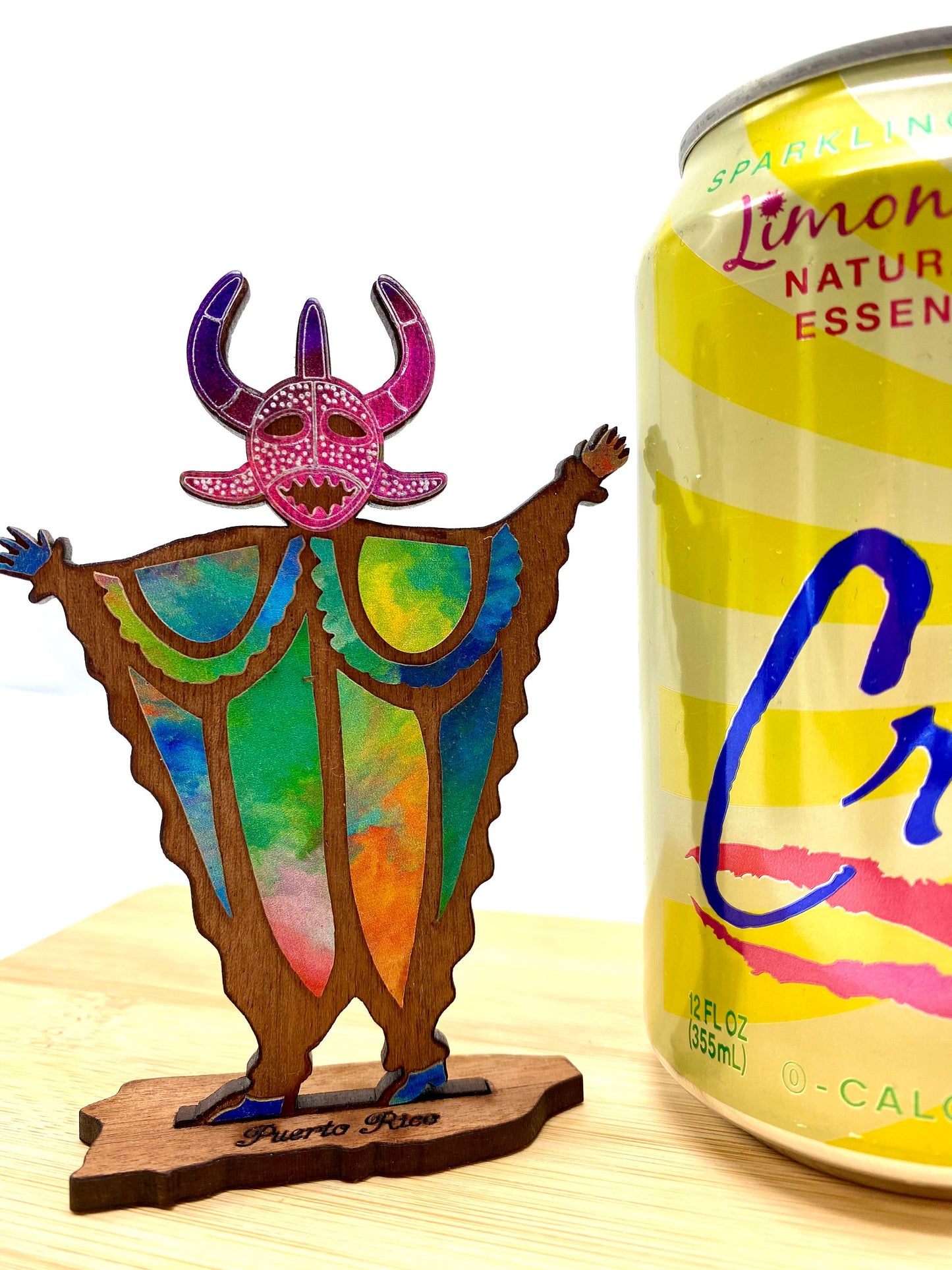 Tiny Vejigante Figurine: Colorful Puerto Rican Carnival wood Statue, shelf sitter, desk art